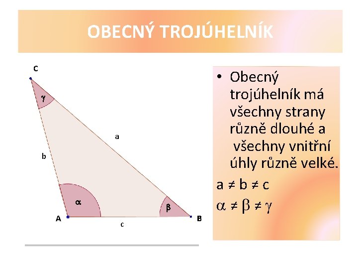 OBECNÝ TROJÚHELNÍK C a b A c B • Obecný trojúhelník má všechny strany