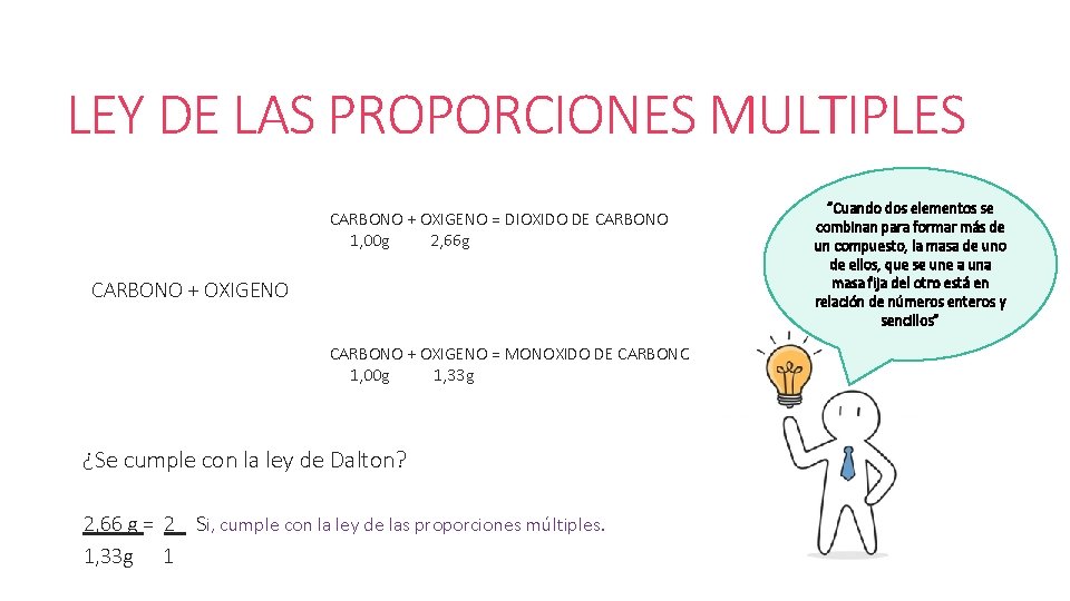LEY DE LAS PROPORCIONES MULTIPLES CARBONO + OXIGENO = DIOXIDO DE CARBONO 1, 00