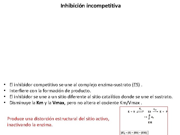 Inhibición incompetitiva • • El inhibidor competitivo se une al complejo enzima-sustrato (ES). Interfiere