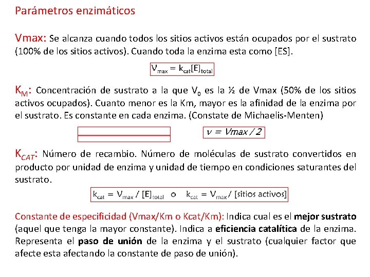 Parámetros enzimáticos Vmax: Se alcanza cuando todos los sitios activos están ocupados por el