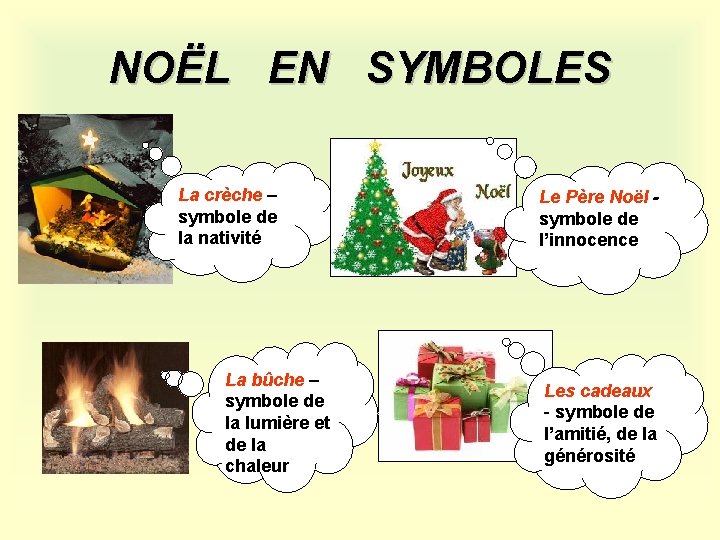 NOËL EN SYMBOLES La crèche – symbole de la nativité La bûche – symbole