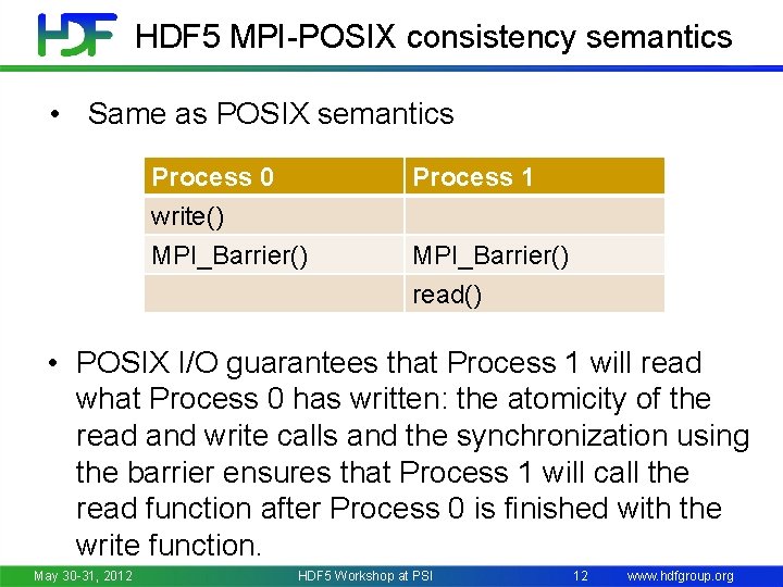 HDF 5 MPI-POSIX consistency semantics • Same as POSIX semantics Process 0 write() MPI_Barrier()