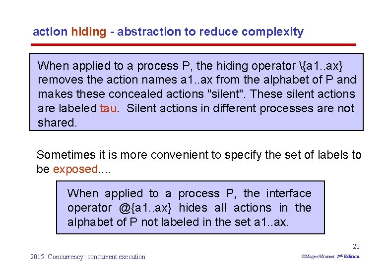 action hiding - abstraction to reduce complexity When applied to a process P, the