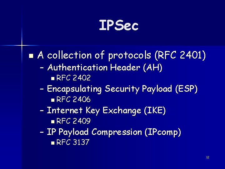 IPSec n A collection of protocols (RFC 2401) – Authentication Header (AH) n RFC