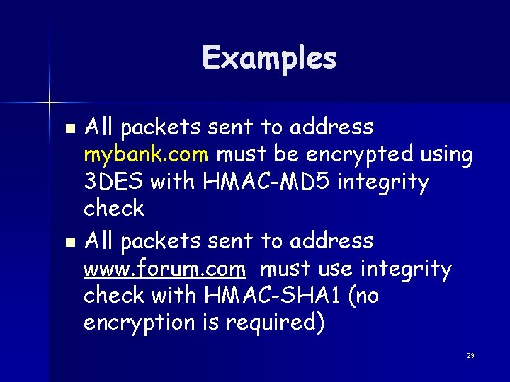 Examples All packets sent to address mybank. com must be encrypted using 3 DES