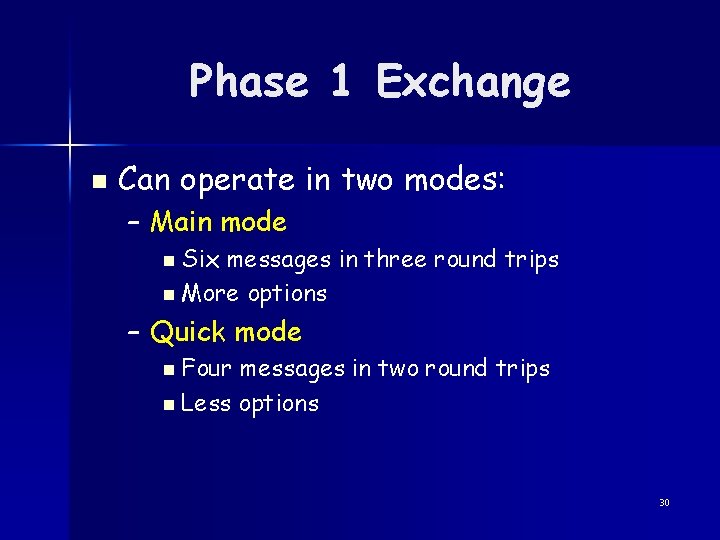 Phase 1 Exchange n Can operate in two modes: – Main mode n Six