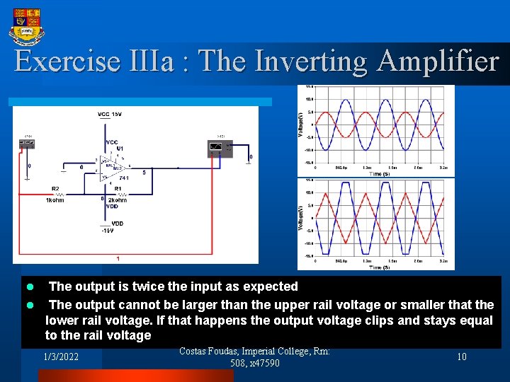 Exercise IIIa : The Inverting Amplifier The output is twice the input as expected