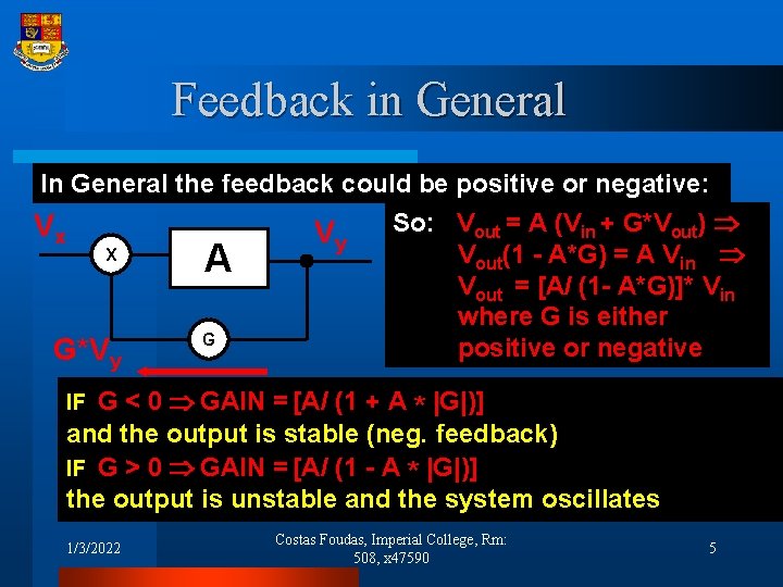 Feedback in General In General the feedback could be positive or negative: So: Vout