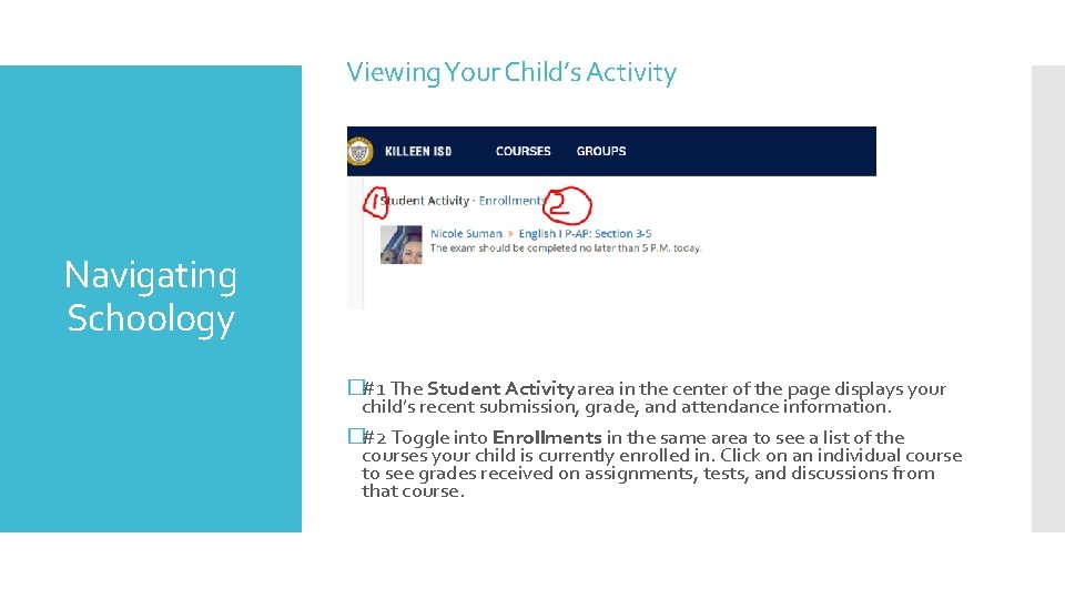 Viewing Your Child’s Activity Navigating Schoology �#1 The Student Activity area in the center