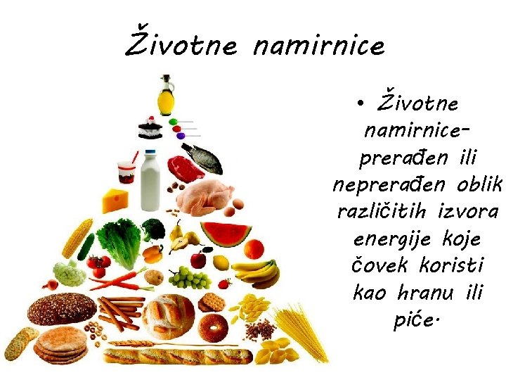 Životne namirnice • Životne namirniceprerađen ili neprerađen oblik različitih izvora energije koje čovek koristi