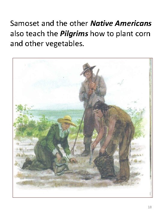 Samoset and the other Native Americans also teach the Pilgrims how to plant corn
