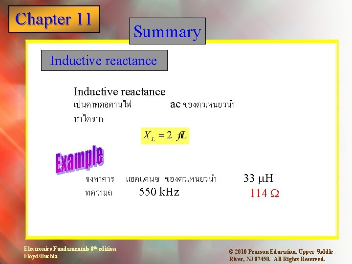 Chapter 11 1 Summary Inductive reactance เปนคาทตอตานไฟ ac ของตวเหนยวนำ หาไดจาก จงหาคาร ทความถ Electronics Fundamentals