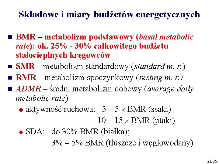 Składowe i miary budżetów energetycznych n n BMR – metabolizm podstawowy (basal metabolic rate):