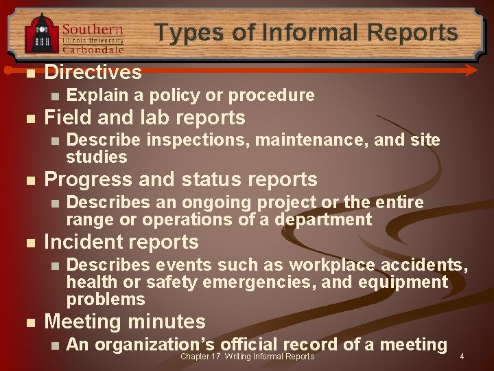 Types of Informal Reports n Directives n n Field and lab reports n n
