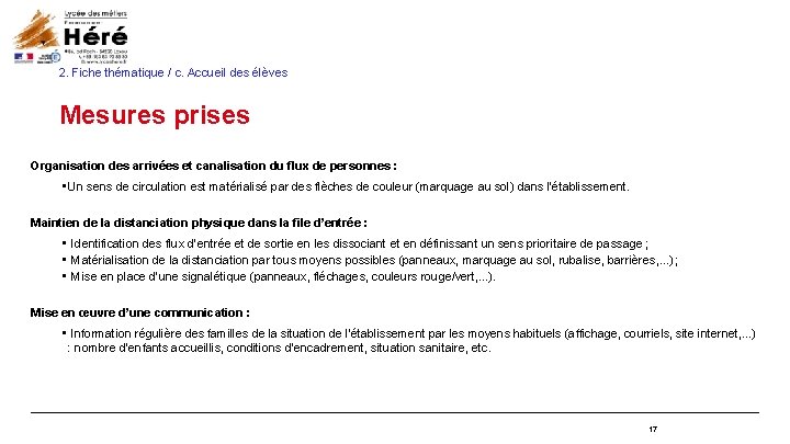 2. Fiche thématique / c. Accueil des élèves Mesures prises Organisation des arrivées et 2. Fiche thématique / c. Accueil des élèves Mesures prises Organisation des arrivées et