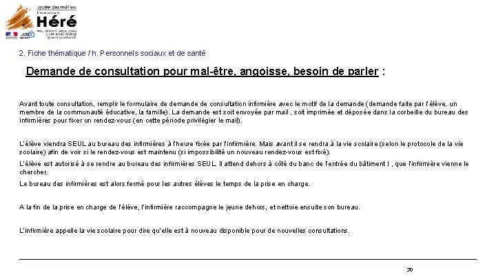 2. Fiche thématique / h. Personnels sociaux et de santé Demande de consultation pour 2. Fiche thématique / h. Personnels sociaux et de santé Demande de consultation pour