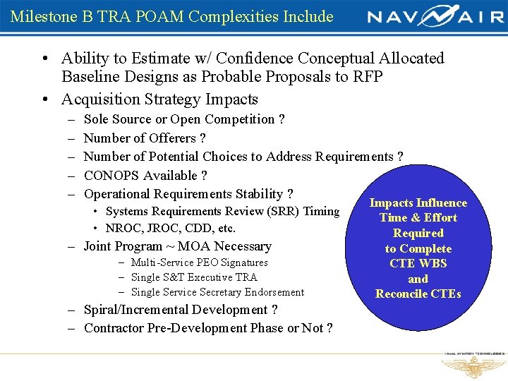 Milestone B TRA POAM Complexities Include • Ability to Estimate w/ Confidence Conceptual Allocated