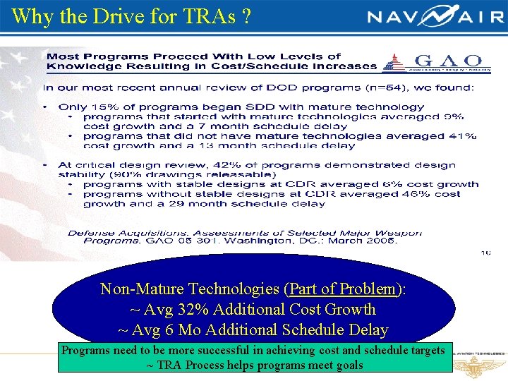 Why the Drive for TRAs ? Non-Mature Technologies (Part of Problem): ~ Avg 32%