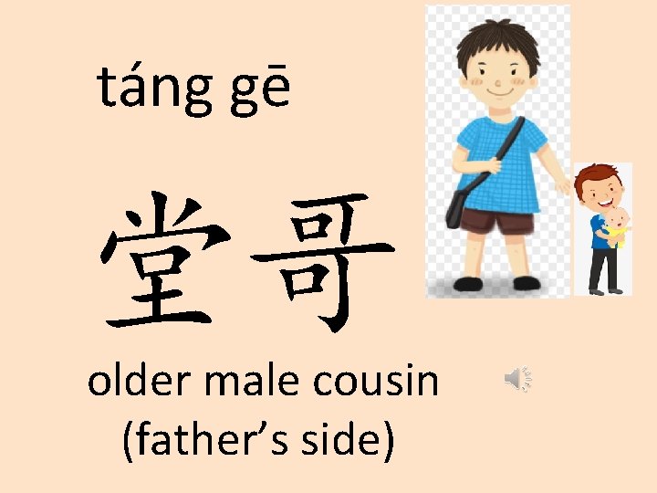 táng gē 堂哥 older male cousin (father’s side) 