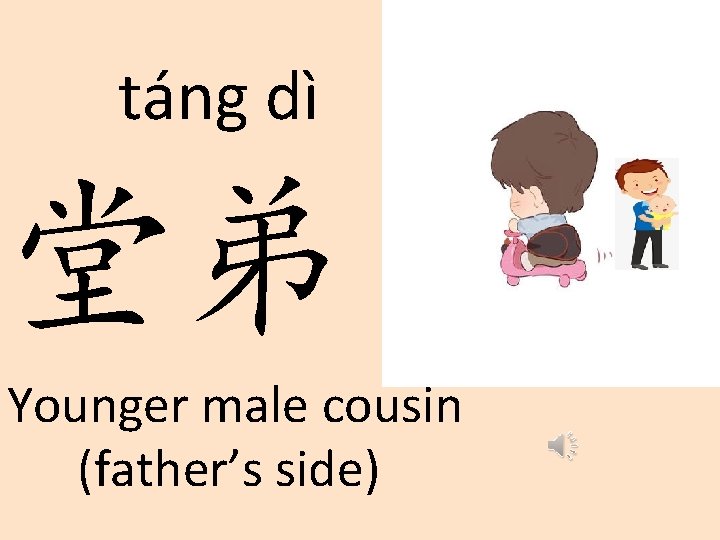 táng dì 堂弟 Younger male cousin (father’s side) 