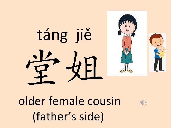 táng jiě 堂姐 older female cousin (father’s side) 