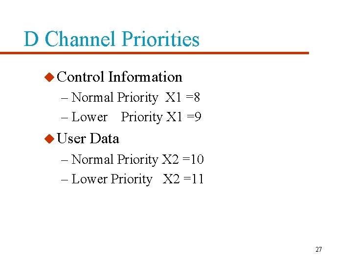 D Channel Priorities u Control Information – Normal Priority X 1 =8 – Lower