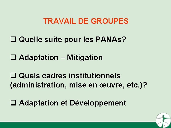 TRAVAIL DE GROUPES q Quelle suite pour les PANAs? q Adaptation – Mitigation q