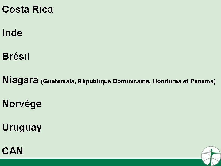 Costa Rica Inde Brésil Niagara (Guatemala, République Dominicaine, Honduras et Panama) Norvège Uruguay CAN