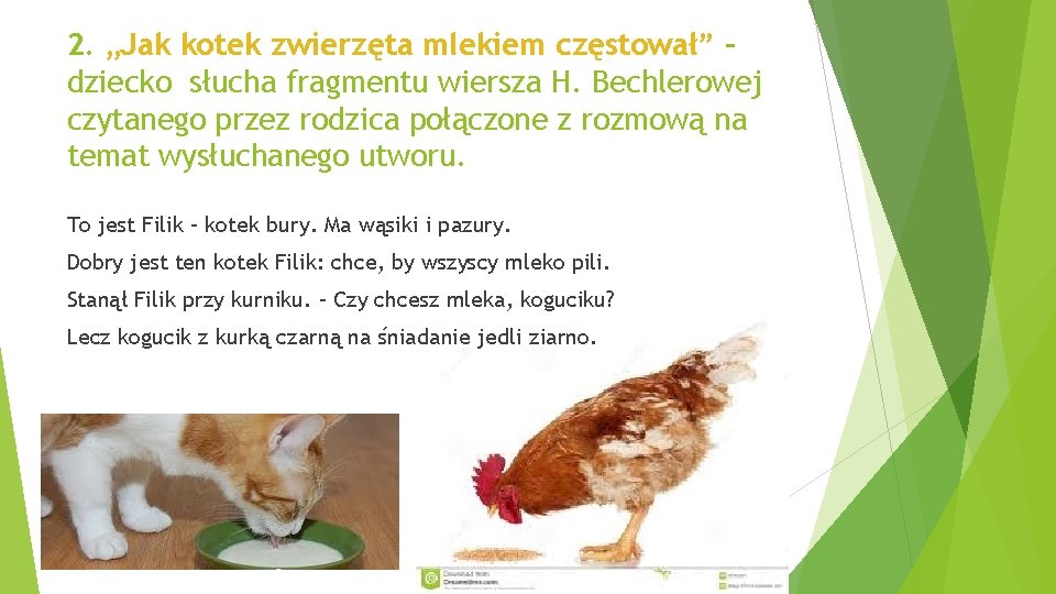 2. „Jak kotek zwierzęta mlekiem częstował” – dziecko słucha fragmentu wiersza H. Bechlerowej czytanego
