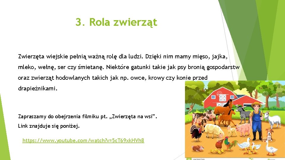 3. Rola zwierząt Zwierzęta wiejskie pełnią ważną rolę dla ludzi. Dzięki nim mamy mięso,