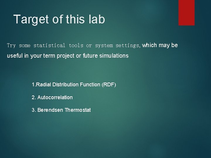 Target of this lab Try some statistical tools or system settings, which may be