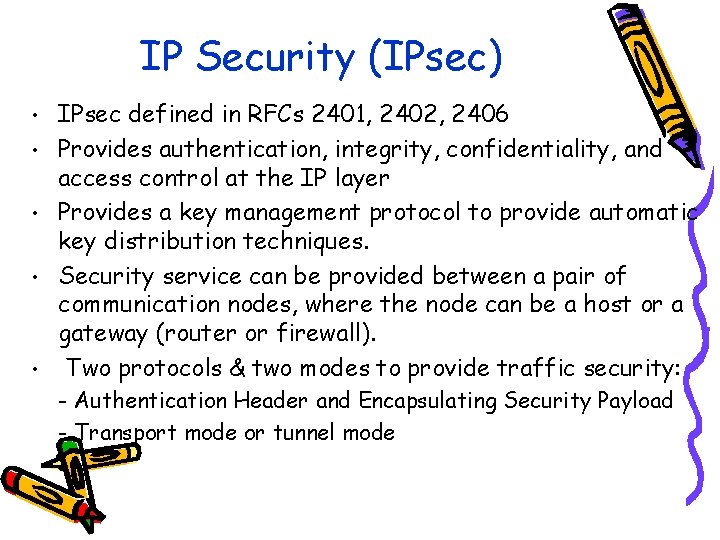 IP Security (IPsec) • • • . IPsec defined in RFCs 2401, 2402, 2406