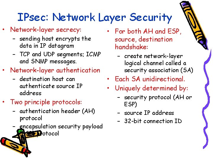 IPsec: Network Layer Security • Network-layer secrecy: – sending host encrypts the data in