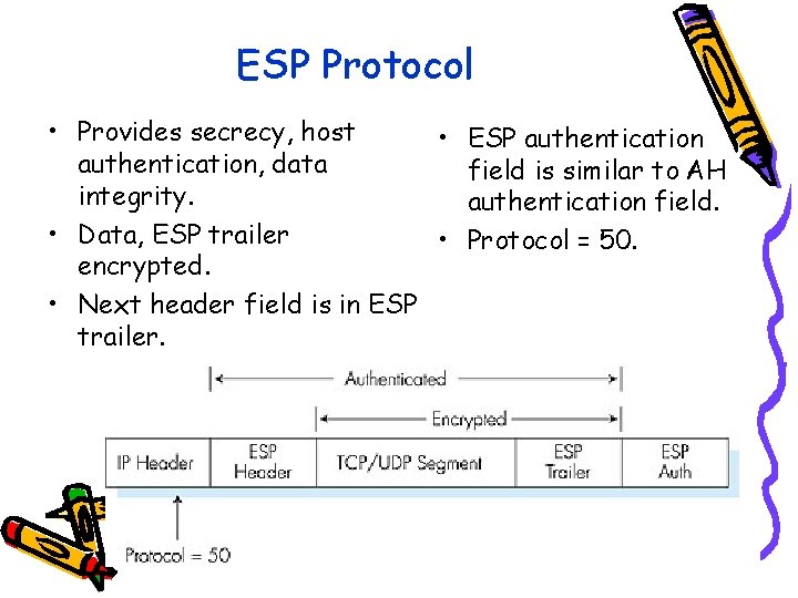 ESP Protocol • Provides secrecy, host • ESP authentication, data field is similar to