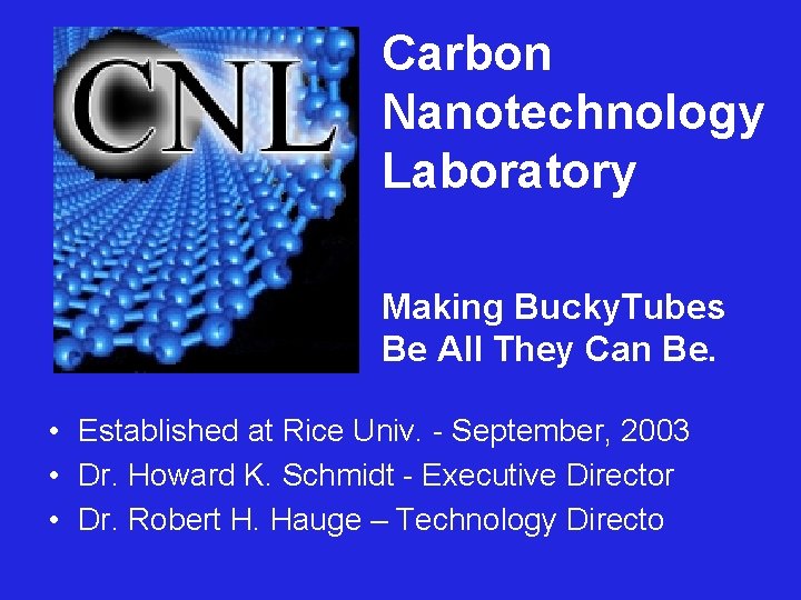 Carbon Nanotechnology Laboratory Making Bucky. Tubes Be All They Can Be. • Established at