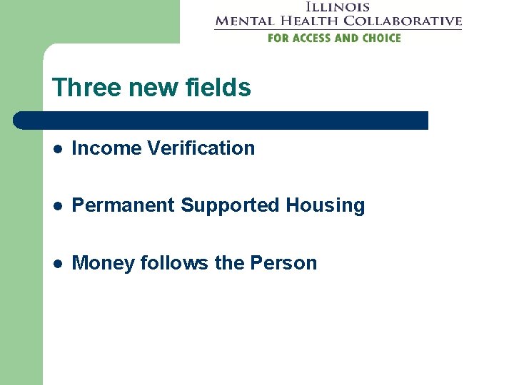 Three new fields l Income Verification l Permanent Supported Housing l Money follows the