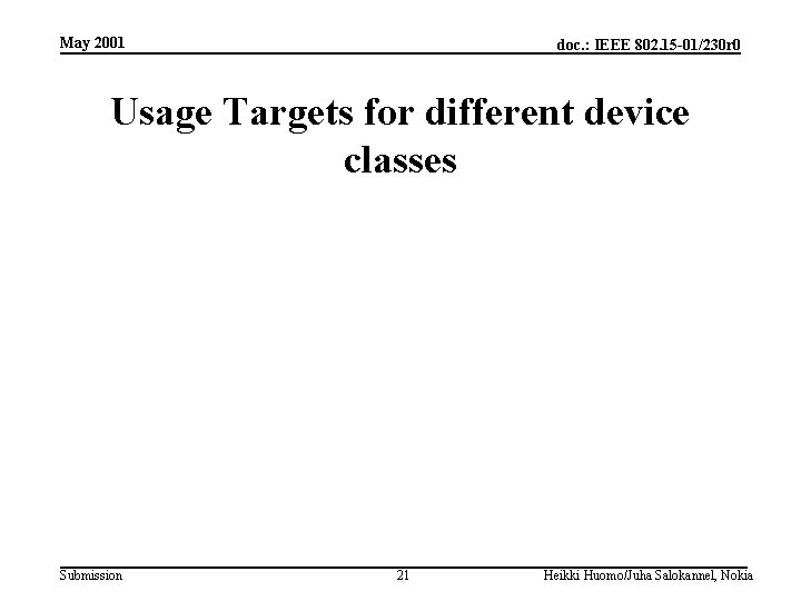 May 2001 doc. : IEEE 802. 15 -01/230 r 0 Usage Targets for different