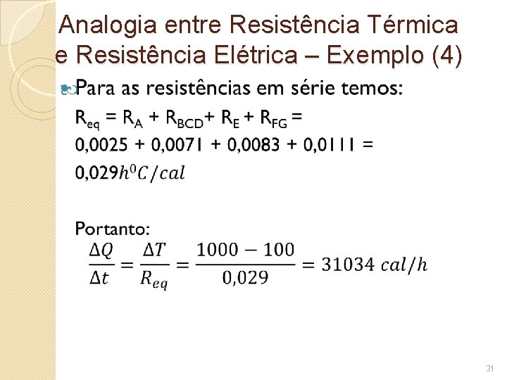 Analogia entre Resistência Térmica e Resistência Elétrica – Exemplo (4) 31 