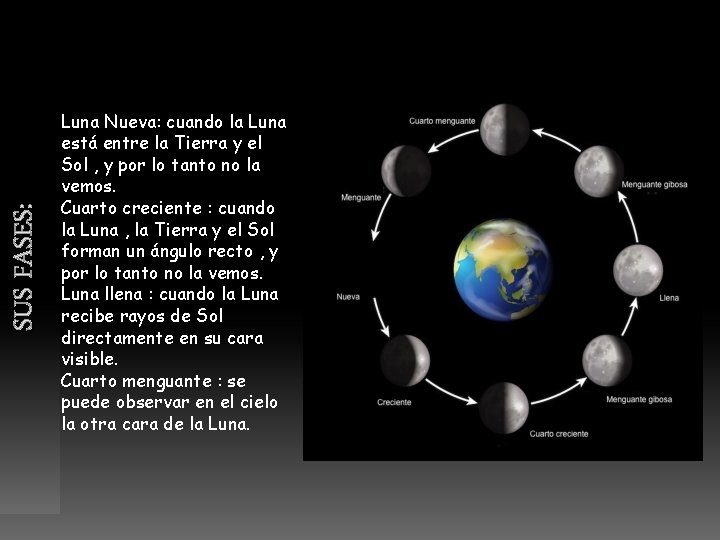 SUS FASES: Luna Nueva: cuando la Luna está entre la Tierra y el Sol