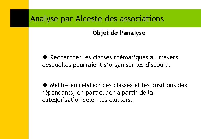 Analyse par Alceste des associations Objet de l’analyse Recher les classes thématiques au travers