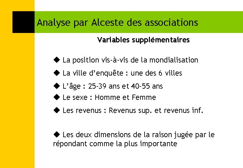 Analyse par Alceste des associations Variables supplémentaires La position vis-à-vis de la mondialisation La