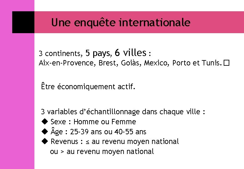 Une enquête internationale 3 continents, 5 pays, 6 villes : Aix-en-Provence, Brest, Goiàs, Mexico,