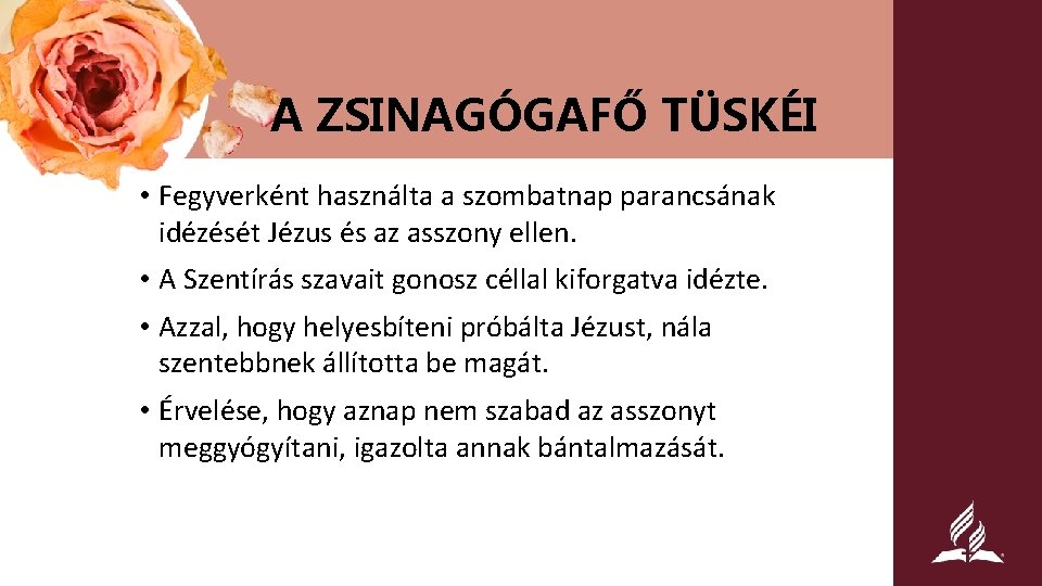 A ZSINAGÓGAFŐ TÜSKÉI • Fegyverként használta a szombatnap parancsának idézését Jézus és az asszony