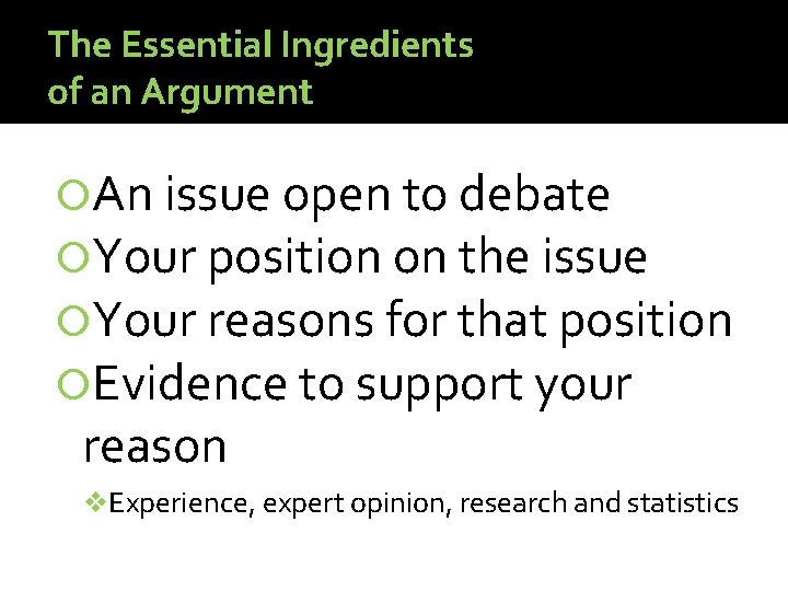 The Essential Ingredients of an Argument An issue open to debate Your position on The Essential Ingredients of an Argument An issue open to debate Your position on
