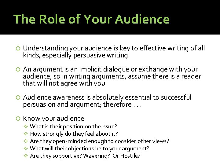 The Role of Your Audience Understanding your audience is key to effective writing of The Role of Your Audience Understanding your audience is key to effective writing of