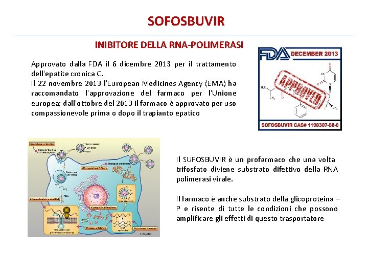 SOFOSBUVIR INIBITORE DELLA RNA-POLIMERASI Approvato dalla FDA il 6 dicembre 2013 per il trattamento