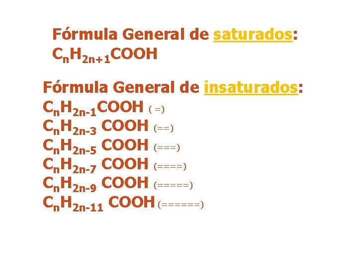 Fórmula General de saturados: Cn. H 2 n+1 COOH Fórmula General de insaturados: Cn.