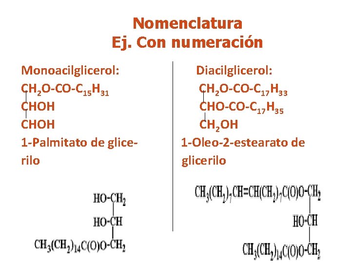 Nomenclatura Ej. Con numeración Monoacilglicerol: CH 2 O-CO-C 15 H 31 CHOH 1 -Palmitato