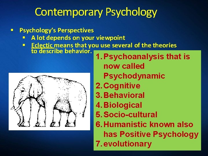 Contemporary Psychology § Psychology’s Perspectives § A lot depends on your viewpoint § Eclectic