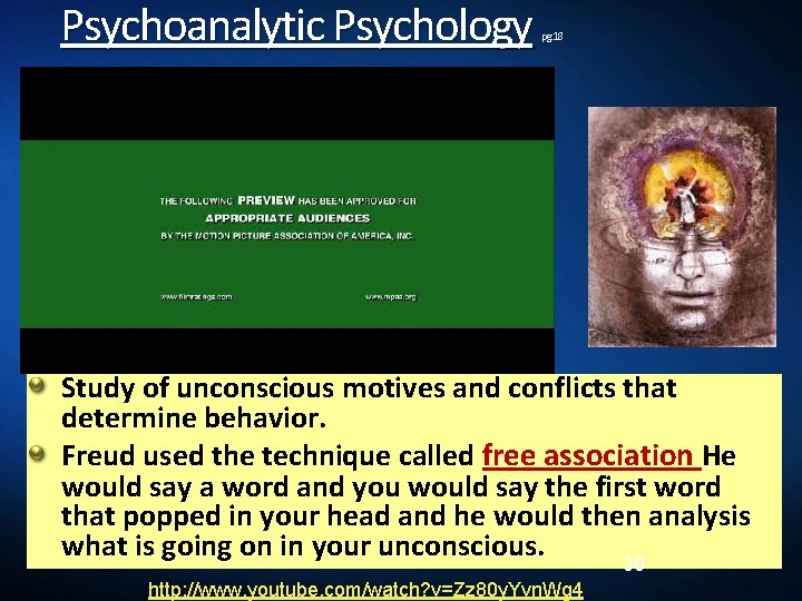 Psychoanalytic Psychology pg. 18 Study of unconscious motives and conflicts that determine behavior. Freud